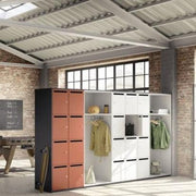 Palmberg Prisma 2 lockerkast in moderne kantoorruimte met open vakken en kleurrijke deuren