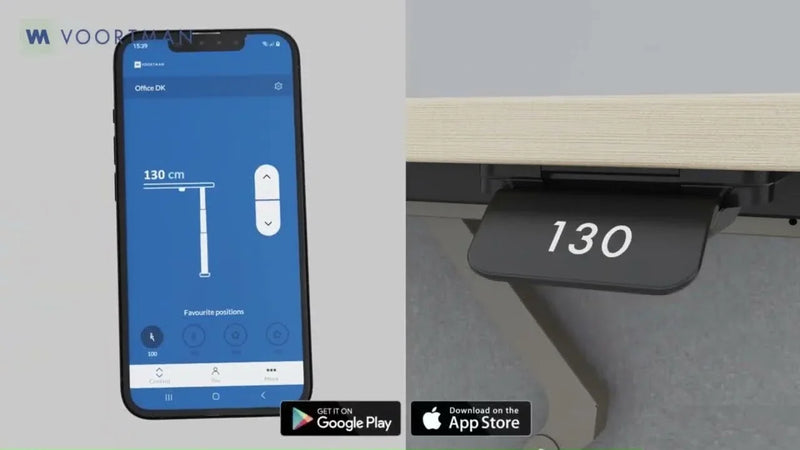Hoogte verstelbaar bureau bedienbaar via app, design kantoormeubilair, 130 cm instelling.