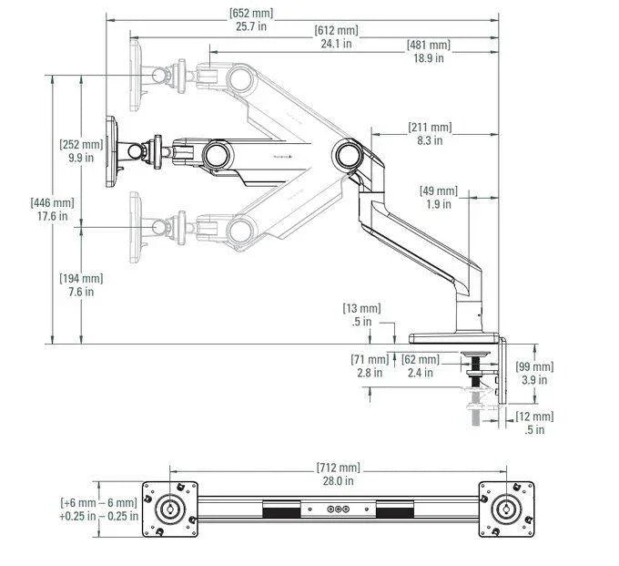afmetingen monitorarm Humanscale M8.1 voor 2 beeldschermen - KANTOORMEUBELS.ONLINE