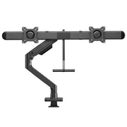 Zwarte monitorarm met crossbar voor twee schermen, ergonomisch bureauaccessoire voor kantoor