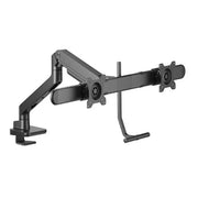 Zwarte monitorarm met crossbar voor twee schermen, ergonomisch bureau-accessoire, kantoormeubilair