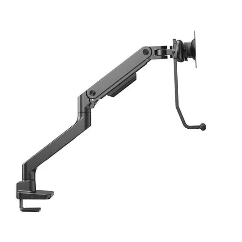 Zwarte monitorarm Ergo-Prestige met crossbar en oplaadmogelijkheid voor ergonomisch werken