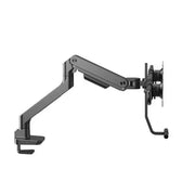 Zwarte ergonomische monitorarm met crossbar en oplaadfunctie, ideaal voor werkplek