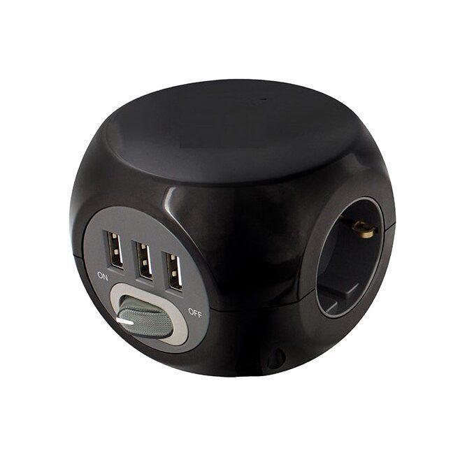 Zwarte opbouwunit met 230V stopcontact en drie USB-poorten, bureau accessoire kantoormeubels