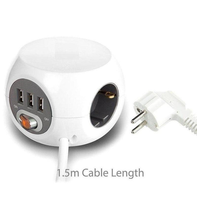 Ronde stroomverdeler met drie USB-poorten, stopcontact en witte stekker, 1,5m kabel