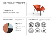 Eco productpaspoort met Orange Slice designstoel, materiaalindex en certificeringen, kantoormeubilair