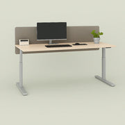 Elektrisch zit-sta bureau met aluminium frame, beeldscherm, toetsenbord en plant, kantoormeubilair