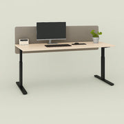 Elektrisch zit-sta bureau met zwart frame, monitor, accessoire en plant, modern kantoormeubilair