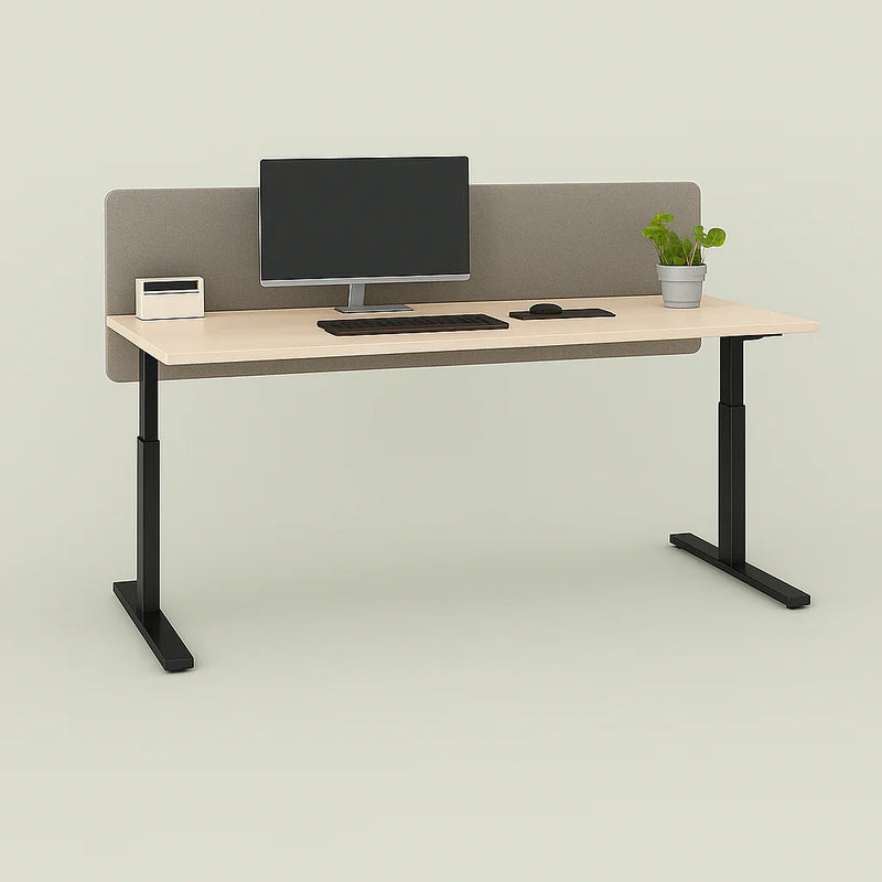 Elektrisch zit-sta bureau met zwart frame, monitor, accessoire en plant, modern kantoormeubilair