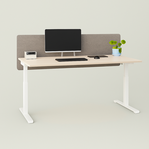 Modern zit-sta bureau met wit frame en beige blad Pid van Palmberg. Verkrijgbaar bij  kantoormeubels.online.