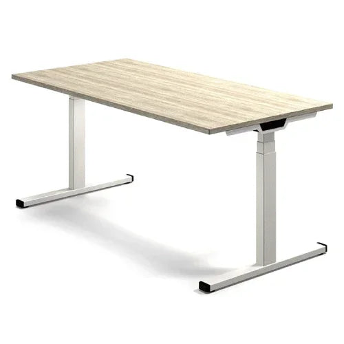 Modern Palmberg PID bureau met lichte hout-look blad en wit metalen onderstel, kantoormeubilair