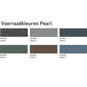 Voorraadkleuren Pearl stoffering voor kantoormeubilair, zes kleurstalen in grijs, groen, blauw en bruin.