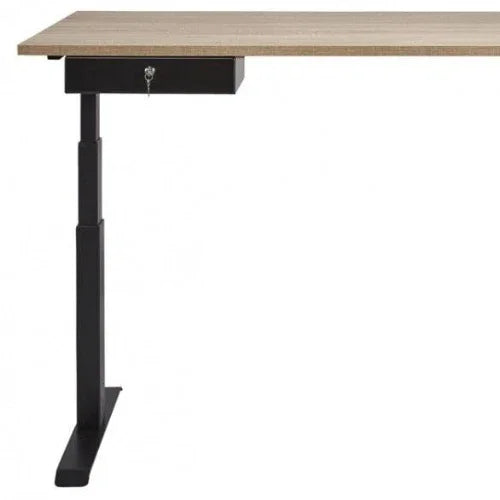 Afsluitbare lade onder houten bureau met zwart metalen frame, modern kantoormeubilair