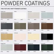 Overzicht van matte poedercoating kleuren voor kantoormeubels, met kleurstalen en codes.