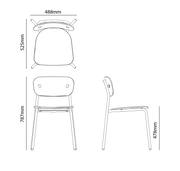 Technische tekening van een design bureaustoel, ideaal voor moderne werkplekken en kantoorinrichting.