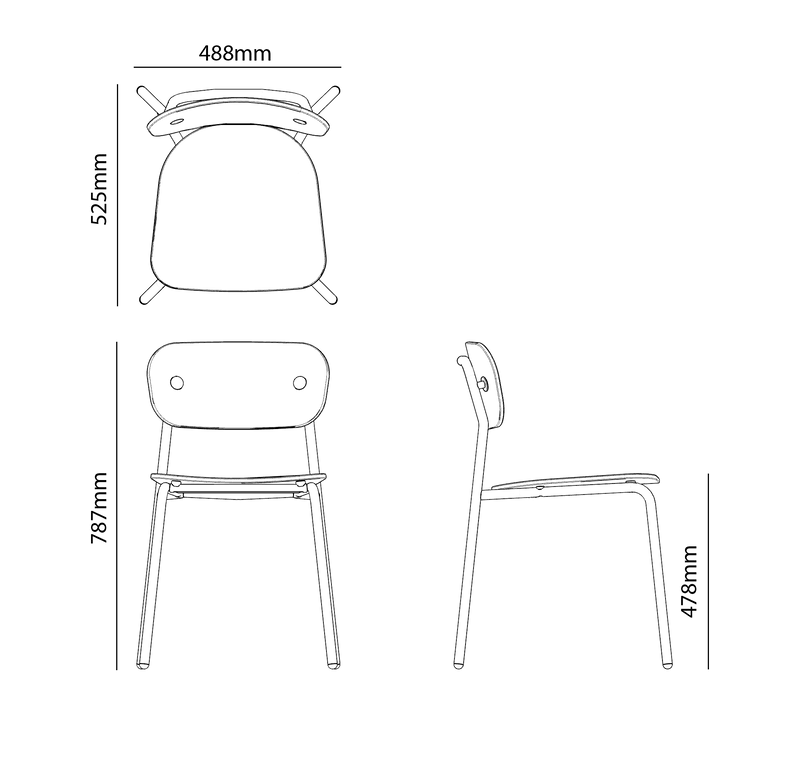 Technische tekening van een design bureaustoel, ideaal voor moderne werkplekken en kantoorinrichting.