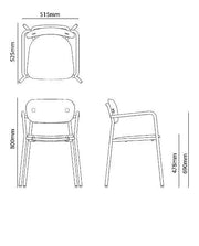 Technische tekening van design bureaustoel met afmetingen, kantoormeubels.online