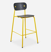 Design barkruk met zwart zitvlak en rugleuning, geel metalen frame, kantoormeubels.online