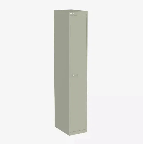 Metalen lockerkast met enkel deur, grijs, ideaal voor kantooropslag en werkplekken.