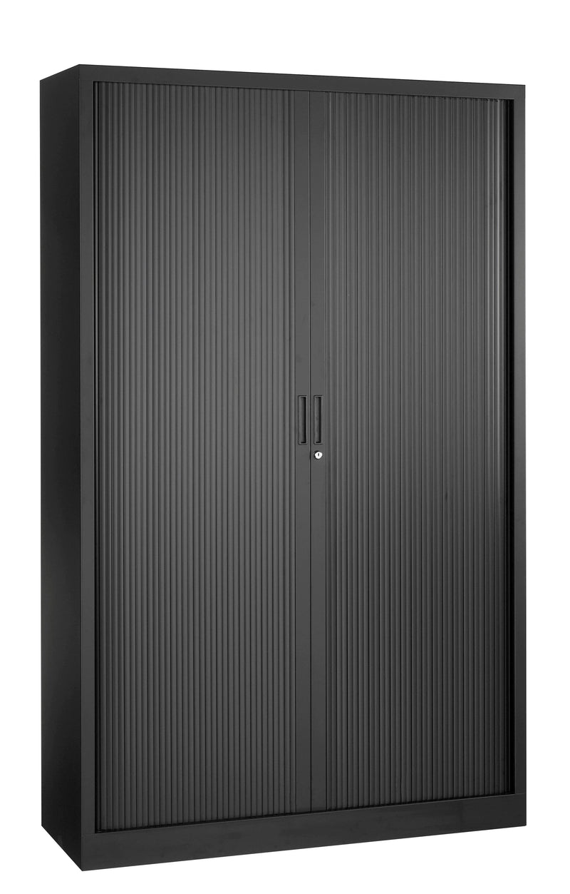 Zwarte roldeurkast van metaal, 198 cm hoog, 100 cm breed, kantooropslag meubel