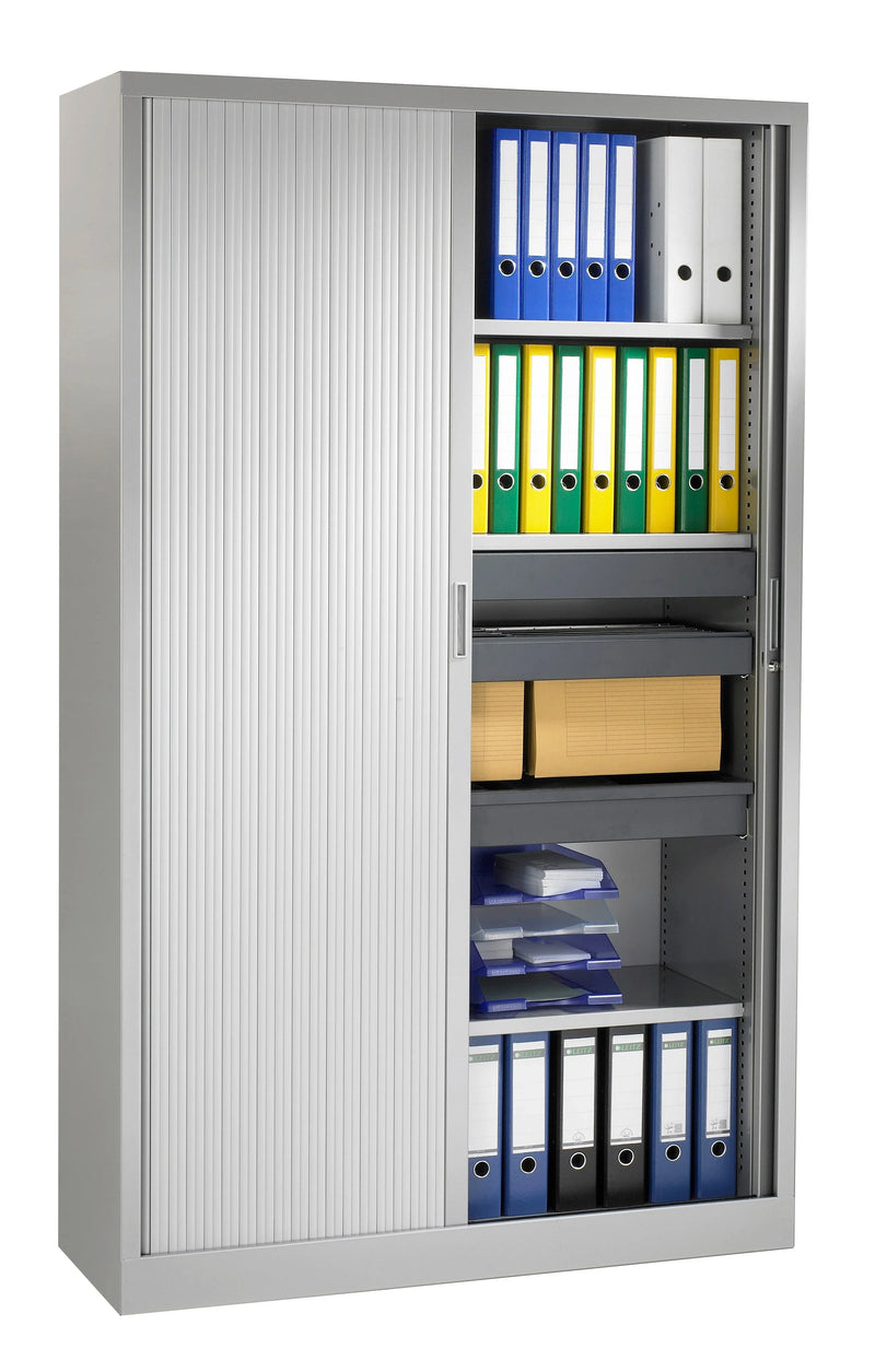 Metalen roldeurkast 198cm hoog met ordners en kantoorartikelen, kantoormeubilair