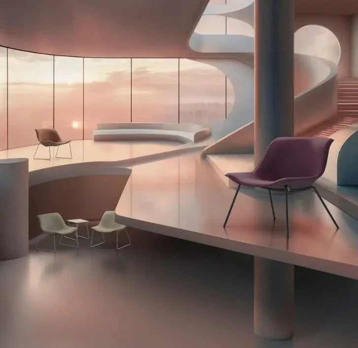 Modern design kantoormeubilair in open kantoorruimte met grote ramen en kleurrijke stoelen