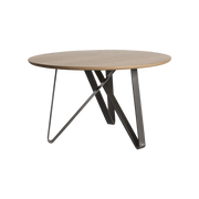 Ronde salontafel met houten blad en zwart metalen onderstel, modern kantoormeubilair.