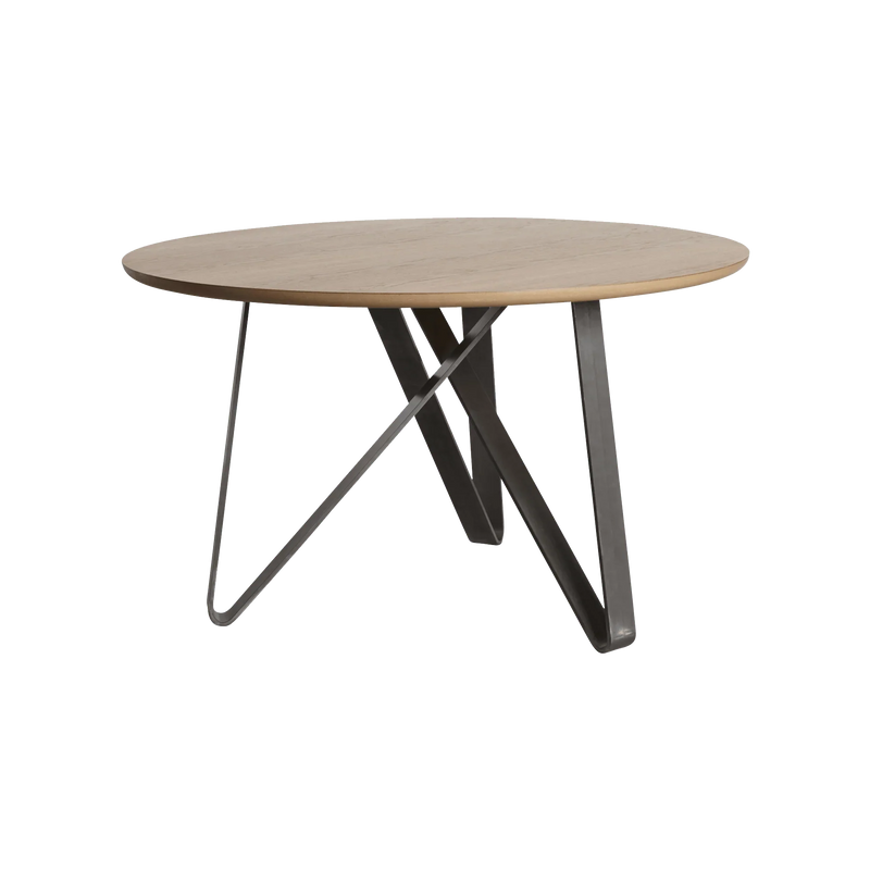 Ronde salontafel met houten blad en zwart metalen onderstel, modern kantoormeubilair.
