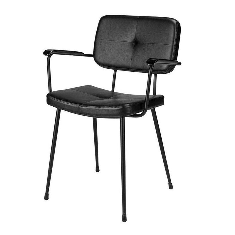 Zwarte design vergaderstoel met armleuningen en stalen frame, modern kantoormeubilair.