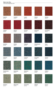 Stalenkaart met 30 Main Line Flax meubelstoffen van Camira, ieder met naam en kleurnummer.