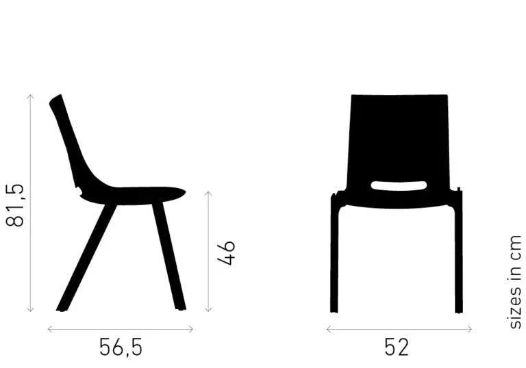 Casala Monolink stoel zij- en vooraanzicht met afmetingen, design kantoormeubilair, zwart silhouet