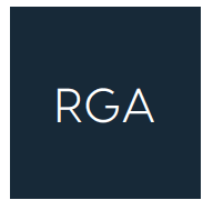Logo met witte letters RGA op een donkerblauwe achtergrond, kantoormeubilair branding.