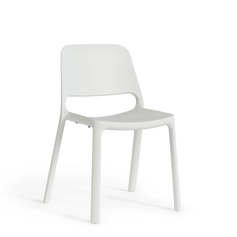 Moderne witte kunststof kantoorstoel met minimalistisch design, ideaal voor werkplekken.