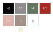 Kleurenoverzicht voor Pedrali Souvenir stoel met kleurcodes: zwart, grijs, groen, rood, roze, taupe en wit.