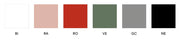 Kleurenstalen kantoormeubels: wit, roze, rood, groen, grijs, zwart, elk met een kleurcode.
