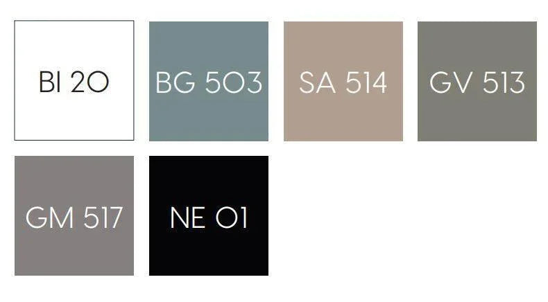 Zes kleurstalen voor kantoormeubels: wit, blauwgrijs, zand, grijs, taupe en zwart met codes.