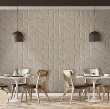 Design kantoormeubilair met houten stoelen, ronde tafels en akoestische panelen in moderne werkruimte