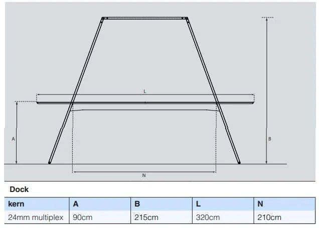 Technische tekening van Dock vergadertafel, 320x90cm, 24mm multiplex, kantoormeubilair.