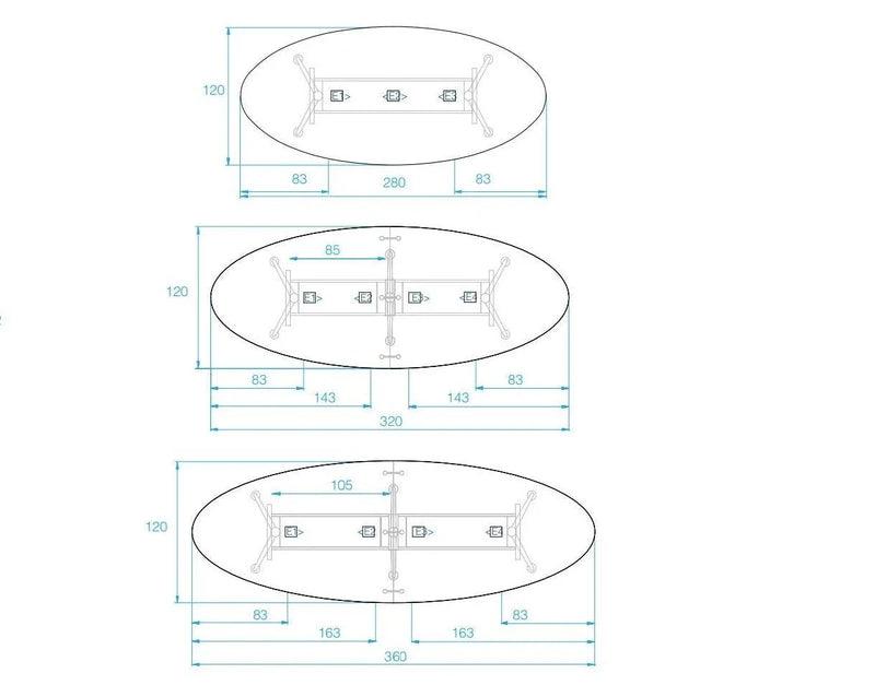 Technische tekening vergadertafel Casus, ovaal, afmetingen voor 6-20 personen, kantoormeubilair