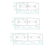Tekening van vergadertafel afmetingen, geschikt voor 6 tot 20 personen, kantoormeubilair.
