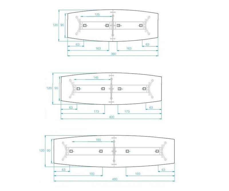 Tekening van vergadertafel afmetingen, geschikt voor 6 tot 20 personen, kantoormeubilair.