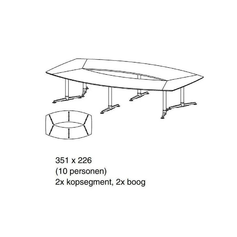 L-vorm vergadertafel voor 10 personen, moderne kantoormeubels, 351x226 cm, tekening