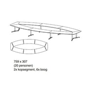 Tekening van vergadertafel Lande Casus voor 20 personen, modulaire kantoormeubels.
