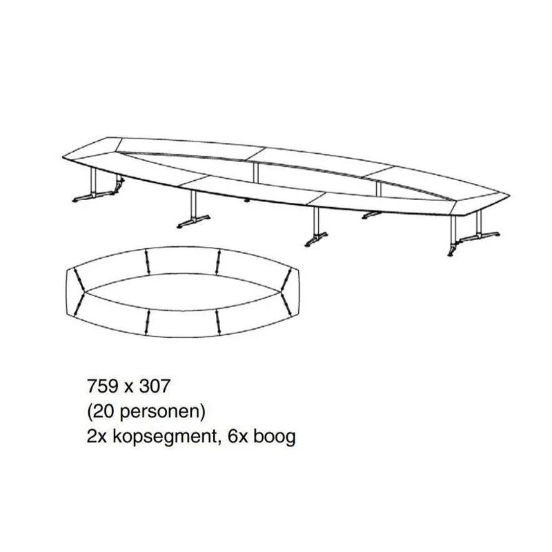 Tekening van vergadertafel Lande Casus voor 20 personen, modulaire kantoormeubels.