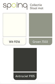 Spoinq staal mat kleurenkaart met wit 9316, groen 7333 en antraciet 9105 voor kantoormeubilair.