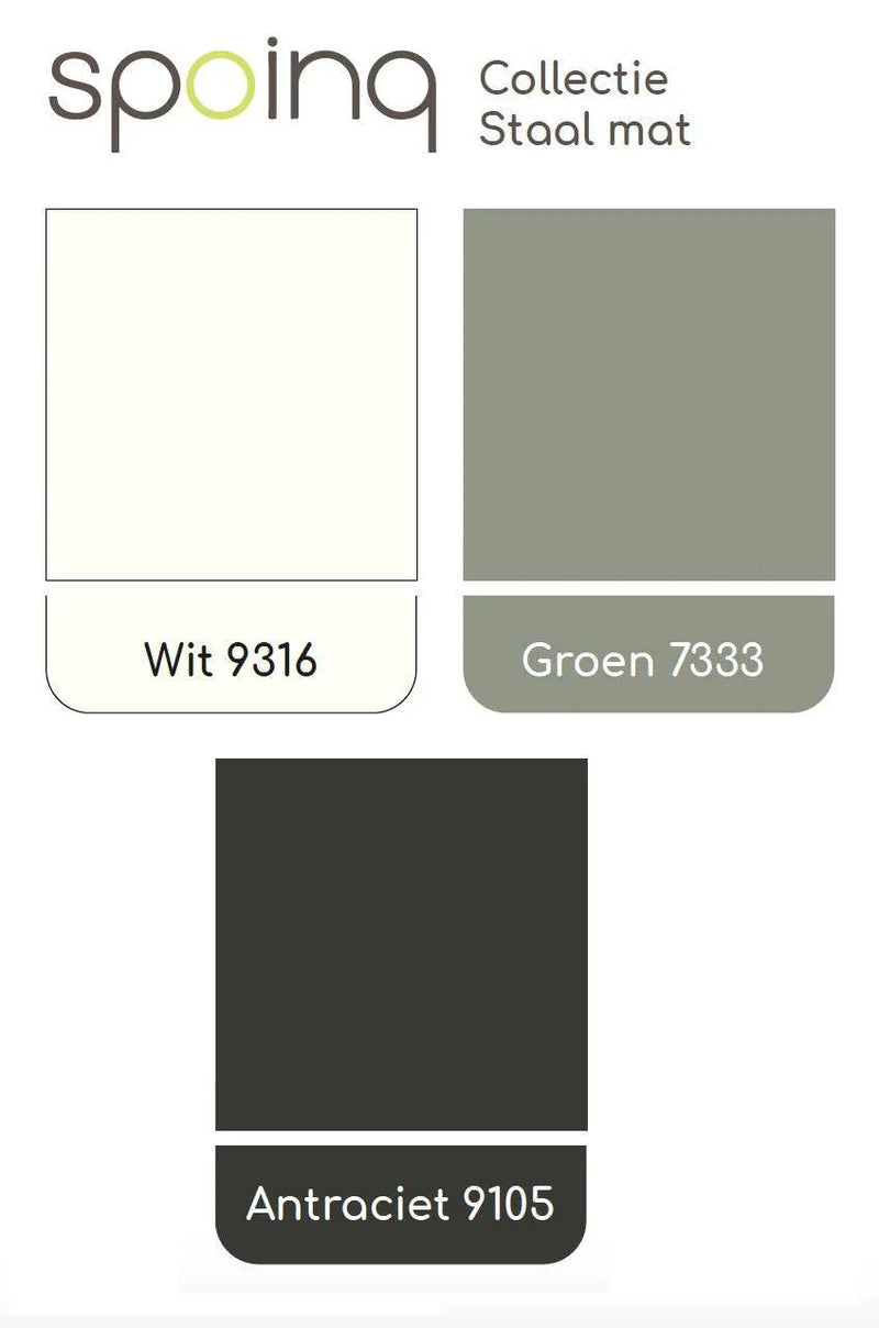 Spoinq staal mat kleurenkaart met wit 9316, groen 7333 en antraciet 9105 voor kantoormeubilair.