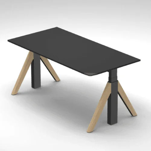 Modern elektrisch zit-sta bureau met zwart blad en houten poten, design kantoormeubilair