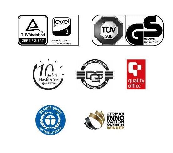 Overzicht van keurmerken voor kantoormeubels: TÜV, GS, 10 jaar garantie, Blauer Engel, German Innovation Award.