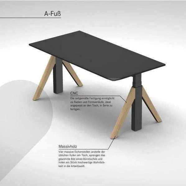 Modern zwart bureau met houten A-poten, design zit-sta kantoormeubel van massief eikenhout.