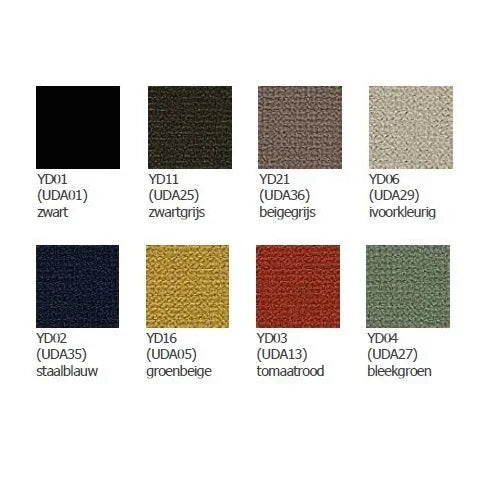 Stalenkaart kantoormeubilair stoffen in zwart, zwartgrijs, beigegrijs, ivoorkleurig, staalblauw, groenbeige, tomaatrood en bleekgroen.